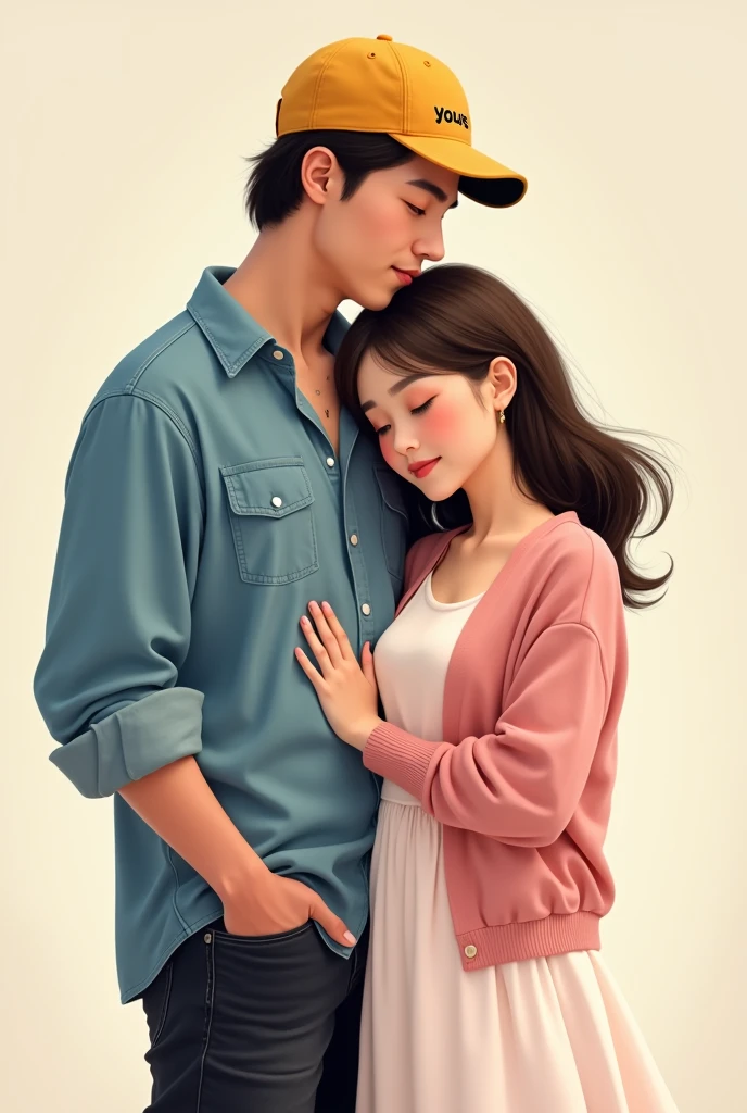 A guy wearing a rusty blue shirt and a yellow cap that has YOURS written in black infront of it and is wearing a black jeans whose left hand is held by a cute and bit chubby girl who is wearing a light pink and white colored long dress that has a elbow length light pink colored coatie and her hair is open and comes about lower than her shoulders and she is resting her head over the guys shoulder and both are happy and in Love with each other both are facing front screen and with a smile girls eyes are also facing front and boy is an inch taller than the girl