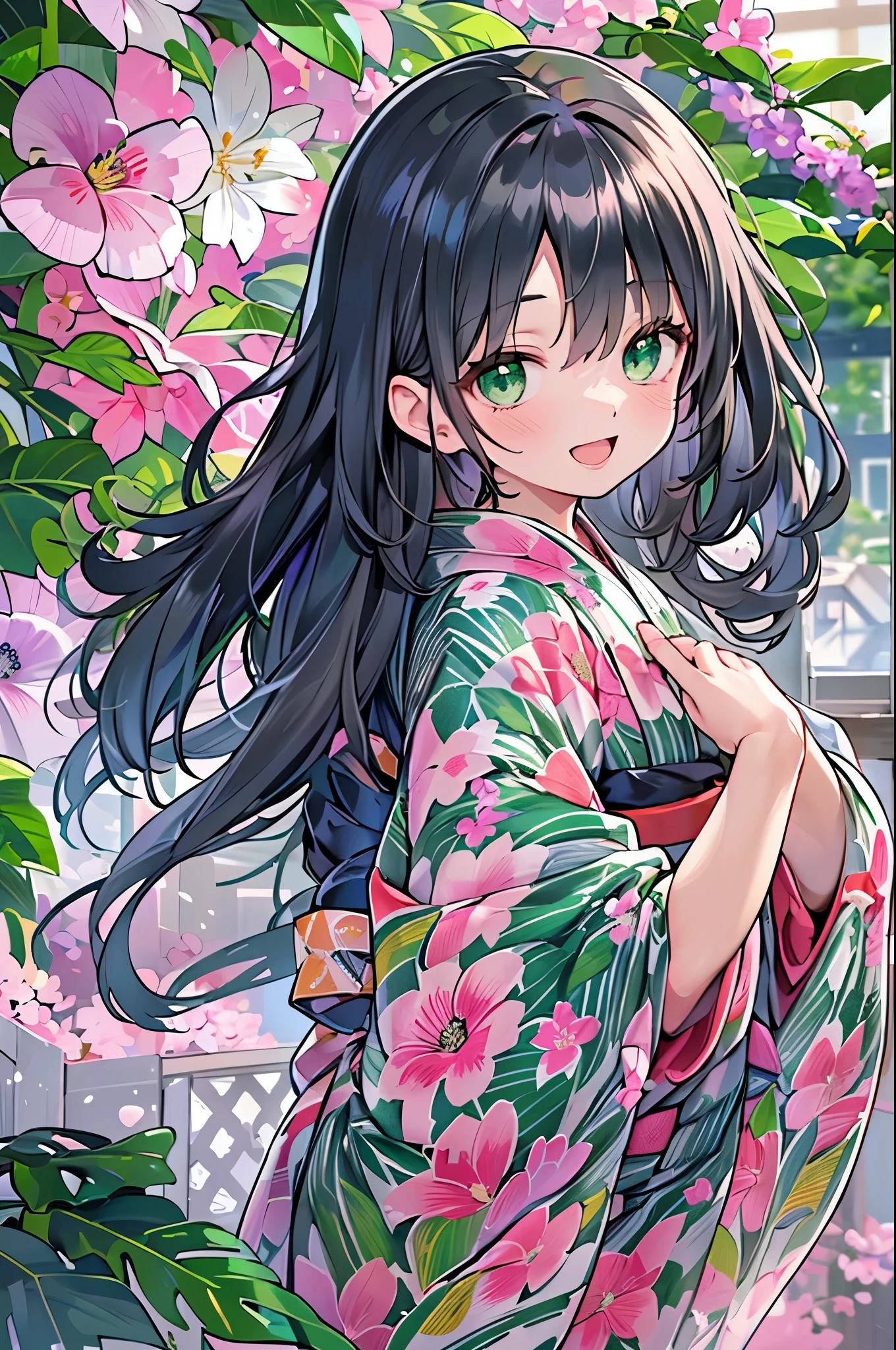 ((Highest quality, 8k, masterpiece: 1.3)), whole body,1 personの,1 person,,Glamorous Body,cute,smile,Black Hair,Beautiful emerald green eyes,long hair,((yukata,Bright pink fabric with morning glory pattern,Half-dressed)),squat,night,