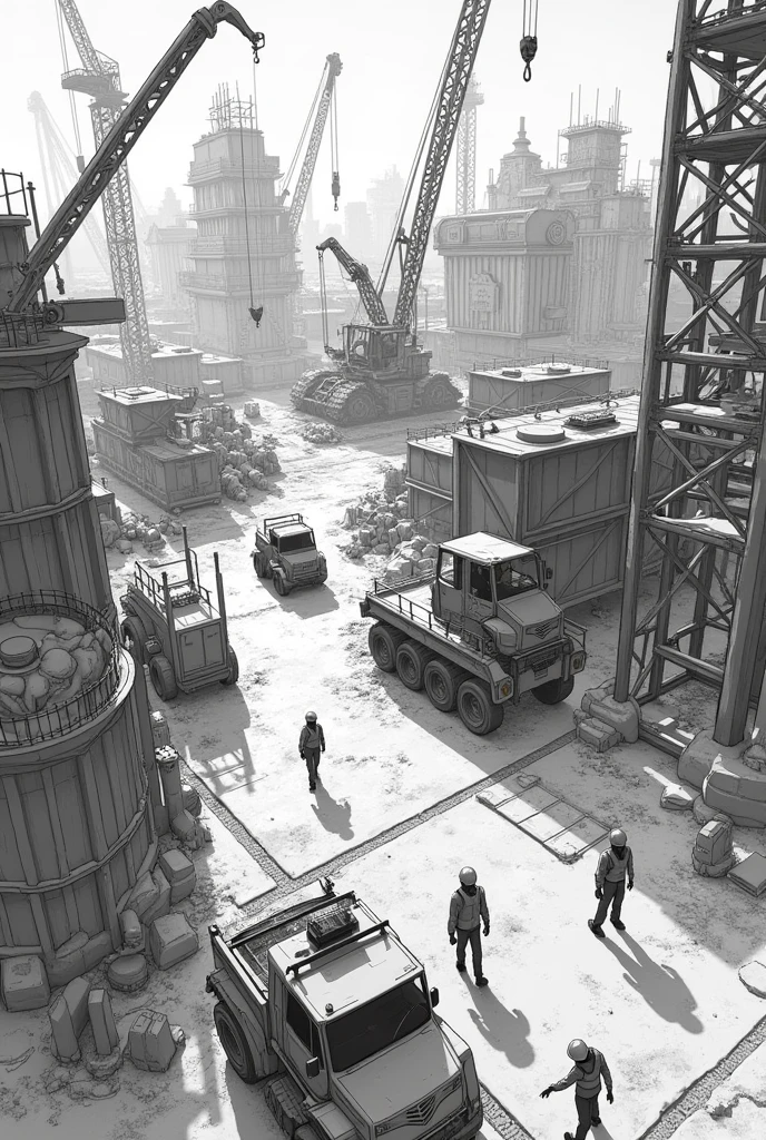 "Sketch a vivid picture of a construction zone packed with equipment to find."