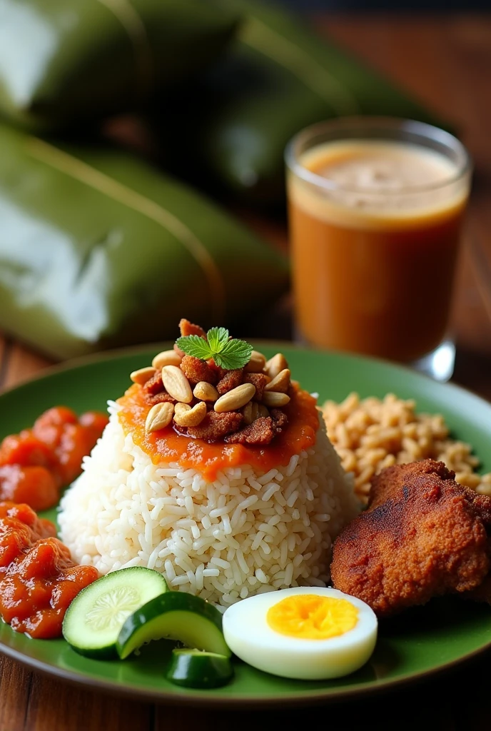 Traditional Malay nasi lemak presented on a banana leaf.The dish features a pyramid-shaped mound of rice,topped with sambal, crispy anchovies,roasted peanuts.A slice of cucumber and a quartered boiled egg are placed beside the rice.a fried chicken beside the rice.In the background,several nasi lemak parcels wrapped in banana leaves are visible, serves with a glass teco of tea, adding an authentic touch.The entire arrangement sits on a wooden surface.