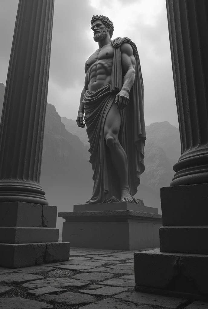 dark landscape image of an ancient greek society deeply connected to stoicism, black and white, ancient greek architecture, include one single big statue of a stereotypical strong greek man, marcus aurelius --ar 16:9
