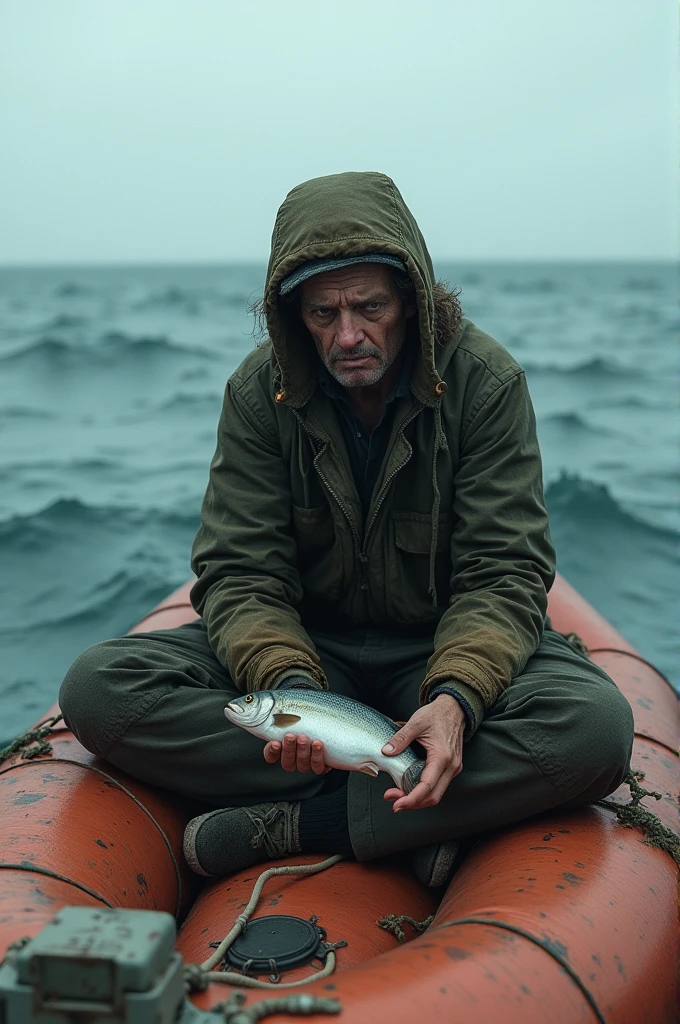 This image likely represents a scene of survival, perhaps someone stranded at sea for a long time. The "DAY # 431" suggests that this person has been in this situation for 431 days, emphasizing the struggle and endurance. The fish in his hands might signify a rare success in finding food after a long period, contributing to the narrative of survival.