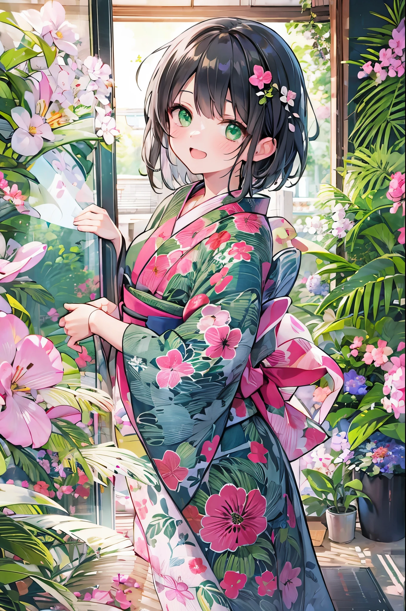 ((Highest quality, 8k, masterpiece: 1.3)), whole body,1 personの,1 person,,Glamorous Body,cute,smile,Black Hair,Beautiful emerald green eyes,long hair,((yukata,Half-dressed,Bright pink fabric with morning glory pattern)),night,In the room,