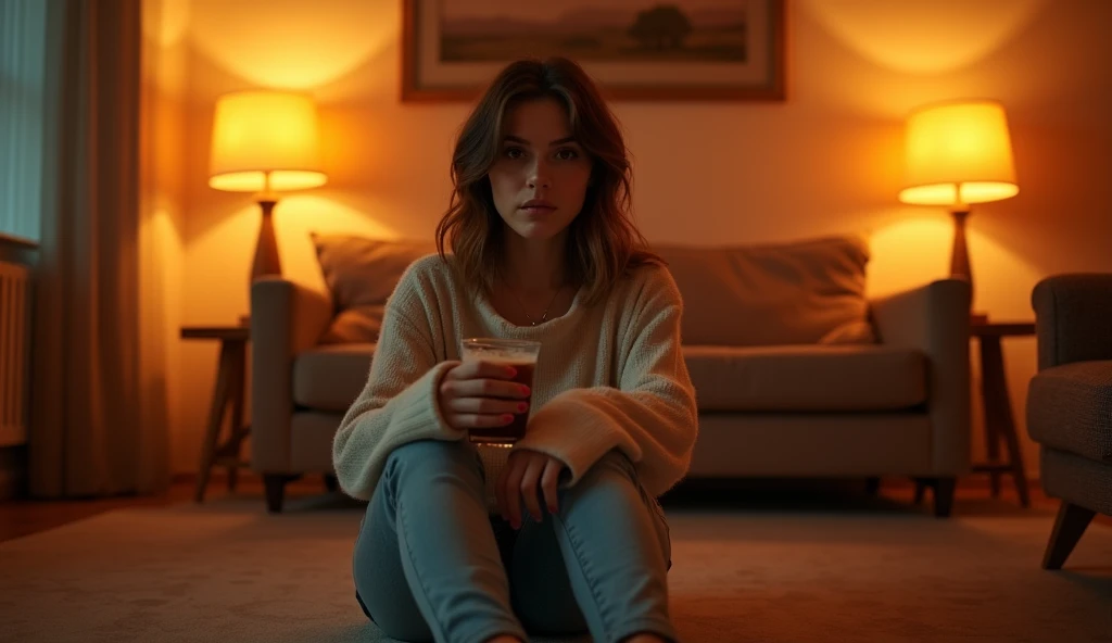 A highly realistic, high-contrast, 8K HD, detailed, hyper-detailed image of a single young woman sitting on the floor in an American-style room, illuminated by warm, orange lighting. The room is cozy with modern furniture, but no sofa is visible in the background. She sits comfortably on the floor, holding a drink in one hand, looking directly at the camera for a lip-sync video. Her face is clearly visible with a neutral expression, and her hairstyle is distinct, making it easy to replicate in future scenes. The scene captures the intimate and focused setting of the woman sitting confidently in the comfortable, inviting environment.