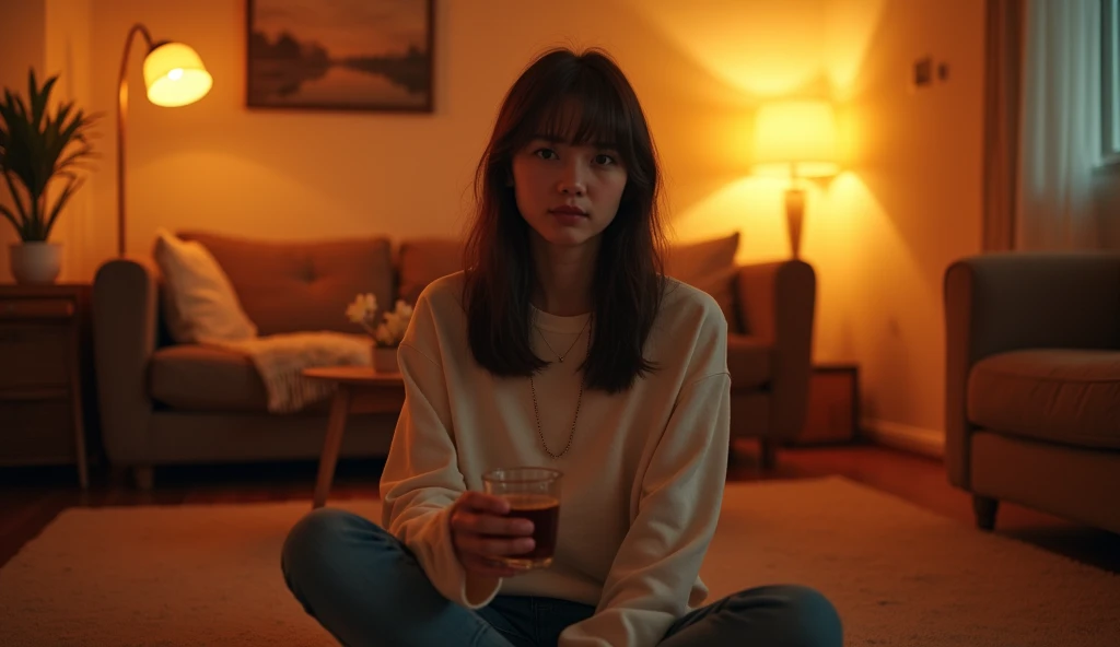 A highly realistic, high-contrast, 8K HD, detailed, hyper-detailed image of a single young woman sitting on the floor in an American-style room, illuminated by warm, orange lighting. The room is cozy with modern furniture, but no sofa is visible in the background. She sits comfortably on the floor, holding a drink in one hand, looking directly at the camera for a lip-sync video. Her face is clearly visible with a neutral expression, and her hairstyle is distinct, making it easy to replicate in future scenes. The scene captures the intimate and focused setting of the woman sitting confidently in the comfortable, inviting environment.