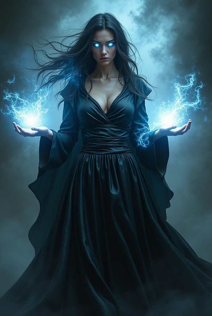 A woman with light in her hand and eyes and surrounded with dark energy and she has a dark clothes with cloak and dress made with leather