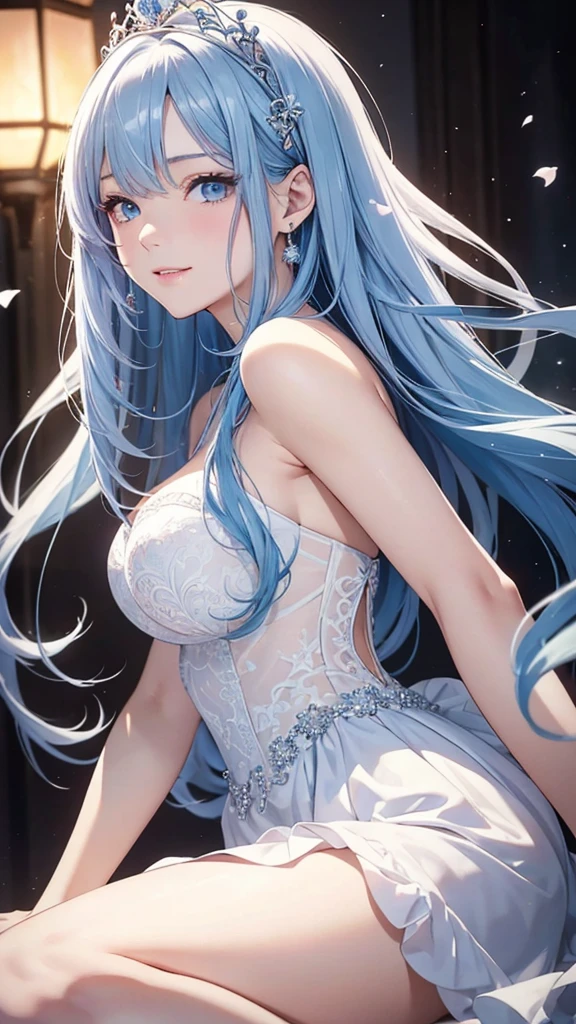 masterpiece、Highest quality、High resolution、High-quality images、8k, 1 female、Skin Radiance、Texture of skin and clothing、Expression of fine eyes、Long HairのManga inspired by Lee Jong-suk, Trending on deviantart, realism, detailed manga style, Manga art style, Perfect line drawing, Beautiful line art, digital manga art girl, K-POPアイドル, dress, Beautiful light blue eyes, Fuller lips, Gorgeous face with attention to detail, (smile), charm, Innocent, Side view, (Perfectly detailed face), (Beautiful Hands) Photorealistic images, Written boundary depth, Half-up hairstyle, tiara, White wedding dress,Big Breasts、,Association, evening,Lots of roses,Light gold hair、Adult female、Long Hair、Wavy Hair