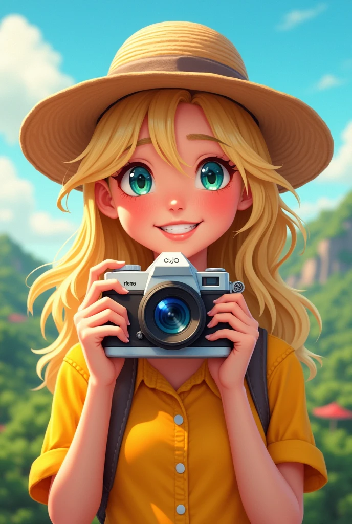 Make travel yellow girl with hat and smile face with camera