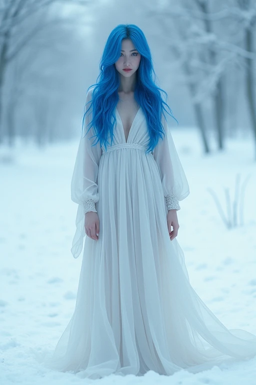 Blue Hair、woman、White Dress、Snow Scene、mysterious