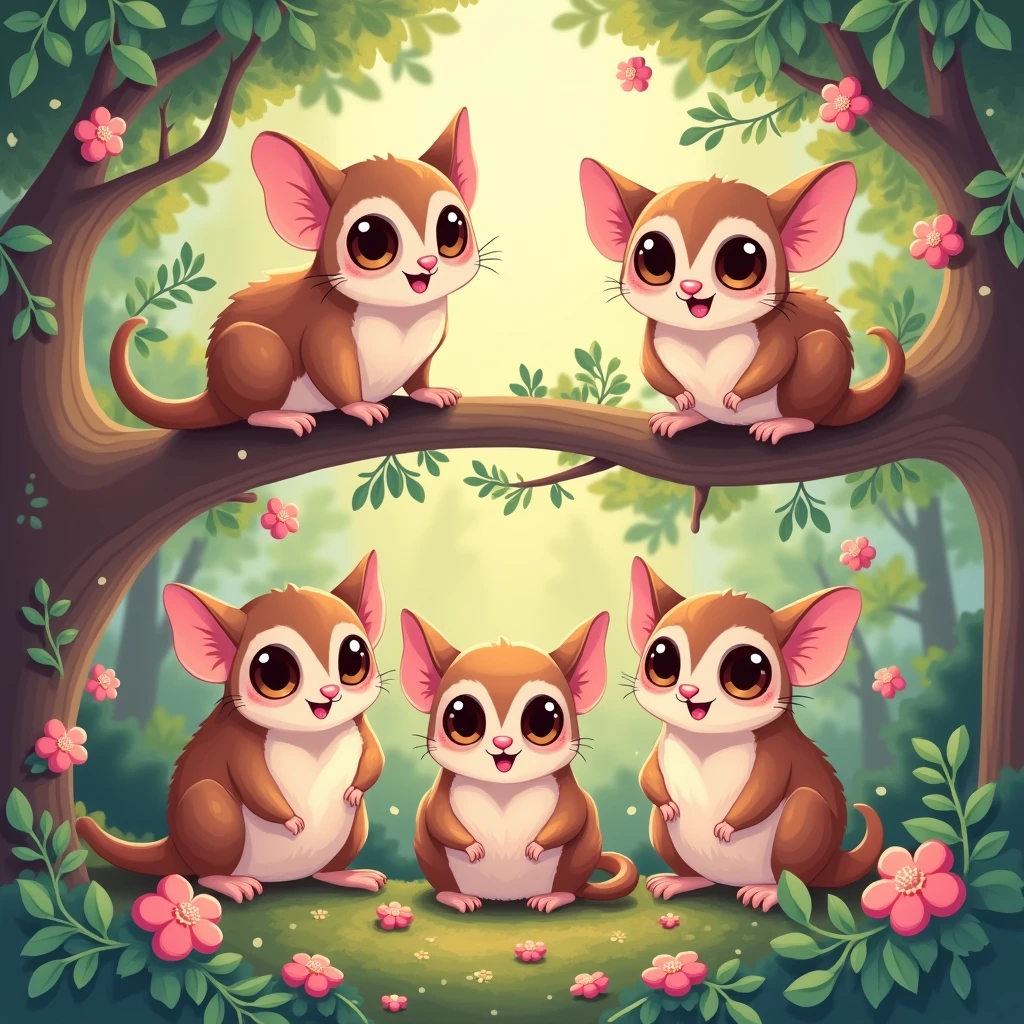 Chibi Style, 2-panel cartoon, dot halftone, Flat Color, Sugar gliders living in a group of four,There is one male and three females,I'm in the case,happiness/joy,
