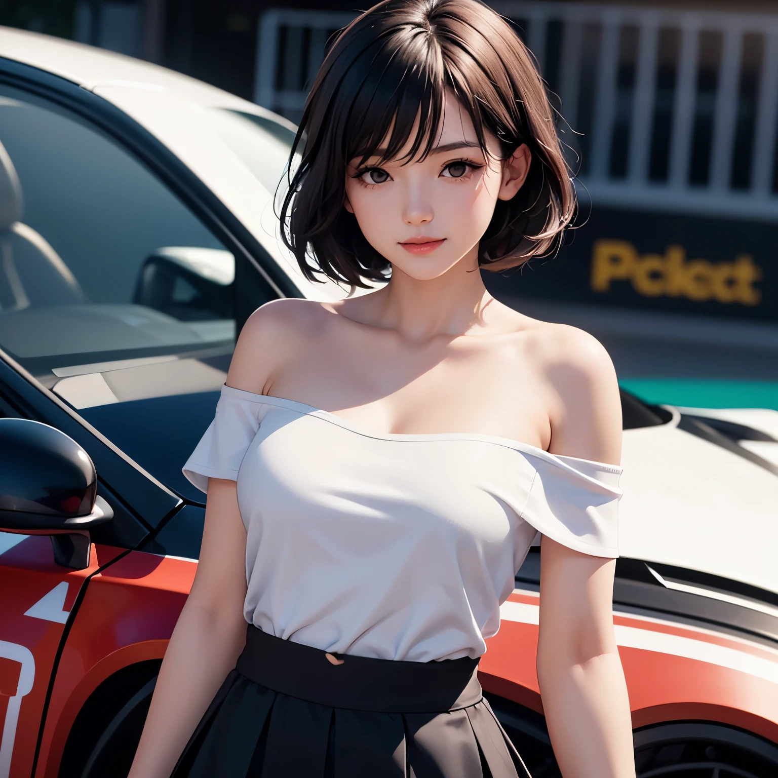 high resolution:1.1), (masterpiece:1.1), (illustration:1.1), (best quality:1.1), 1 girl, black short hair, brown eyes, (look at viewer:1.2), smile (expression), BREAK, (grid girls:1.2), (clothes with logo), Exposure of important parts, dramatic shadows, (depth of field:1.2), (bluury background:1.0), (racetrack:1.0), (sexy pose), (standing next to a racing car:1.1), (from below:0.9), from front,Navel exposed, micro mini skirt, off shoulder, red, BREAK, Sponsored, logo, Sports racing cars‎