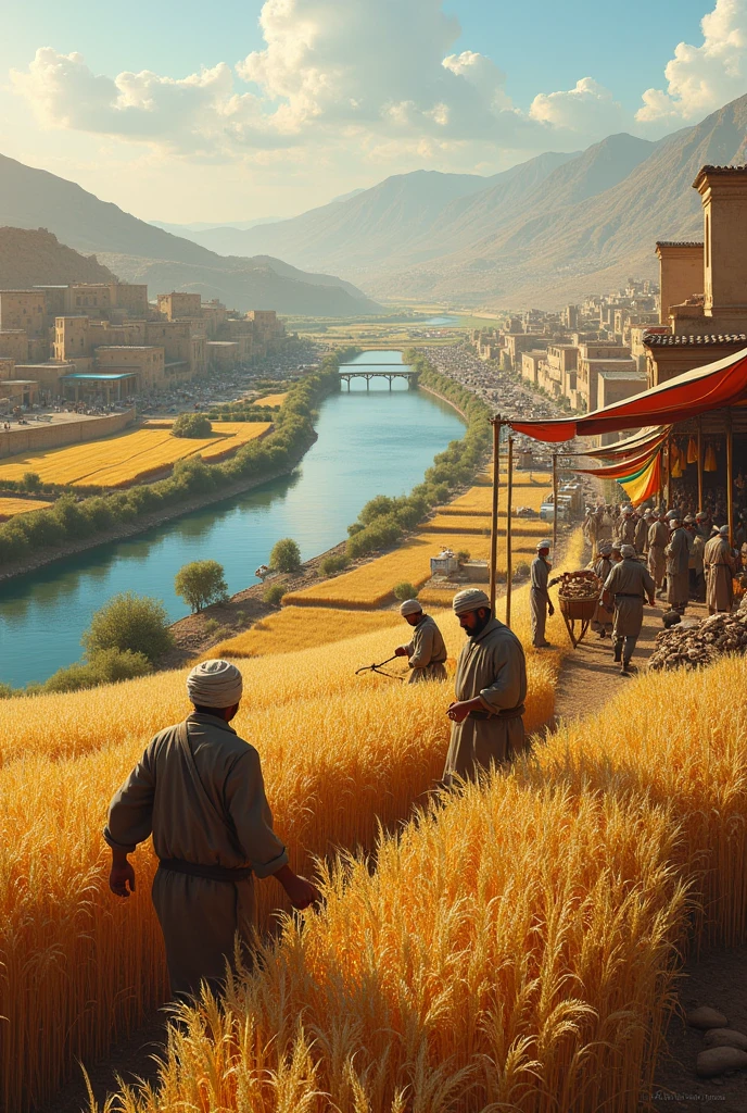 create a image in which written chenab trader grain market fortabbas and in background their is wheat and cotton and farmer doing work on feild and picture looks realistic