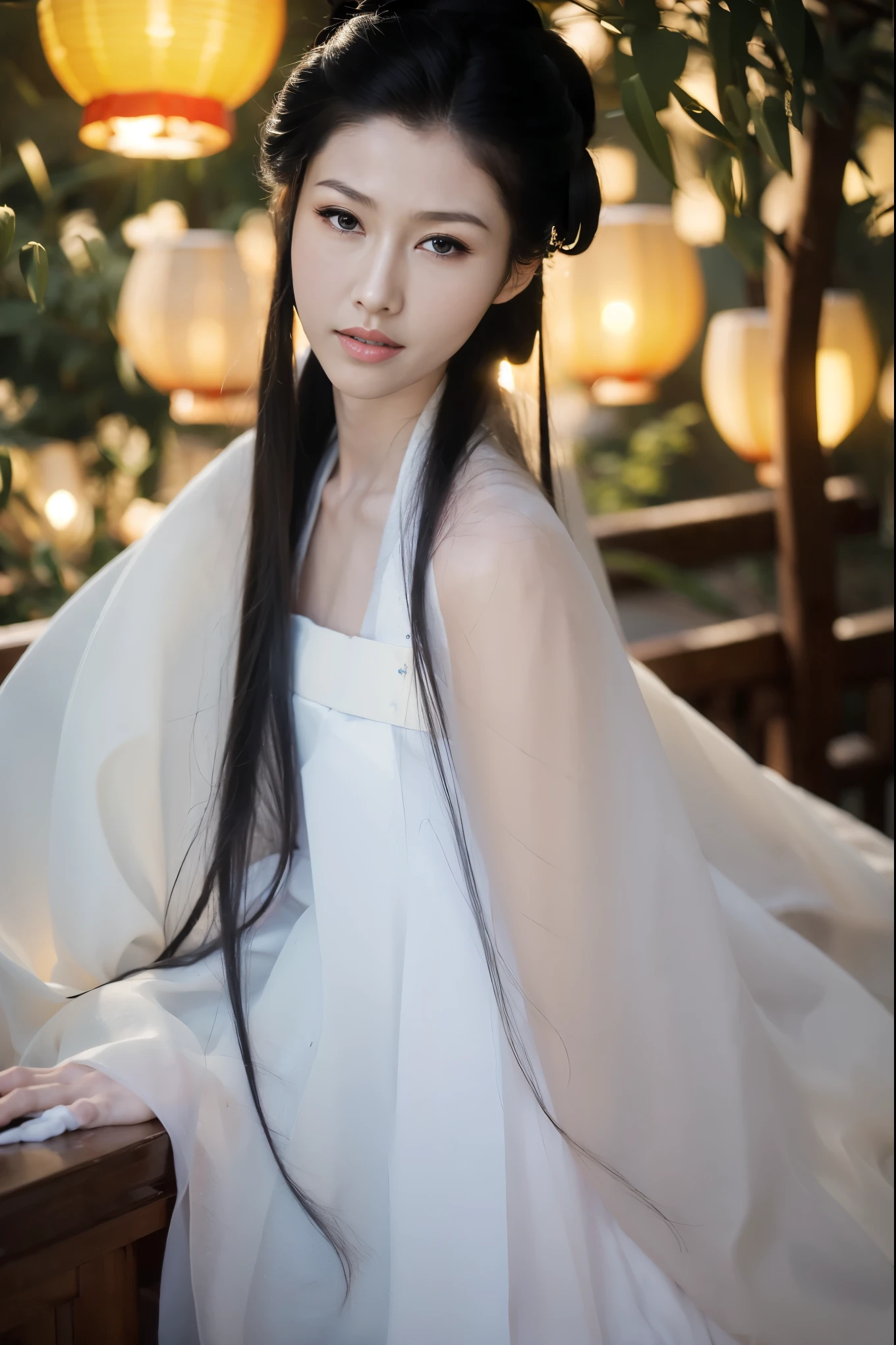1 Fashion Model [[[[close up]]]], [[[[neck]]]], [[[[Shoulder]]]], (((Complete head)))，(((Complete hairstyle)))，Perfect eyes, Perfect Iris，Perfect lips，Perfect Teeth，Perfect skin，White skin，Soft headlights，High-density imaging，Black long hair，（Clean and delicate face），((Simple white Hanfu))，((Half-length photo))，((night))，((Chinese Lanterns))，((Various dynamic poses))，((The background is the bedroom))，best quality，masterpiece，（Soft colors：1.2）