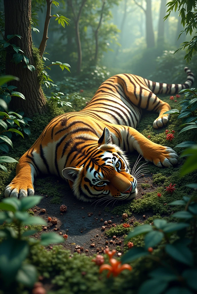 In a jungle there is a body of dead tiger whose body is eaten by small bacteria and fungus
