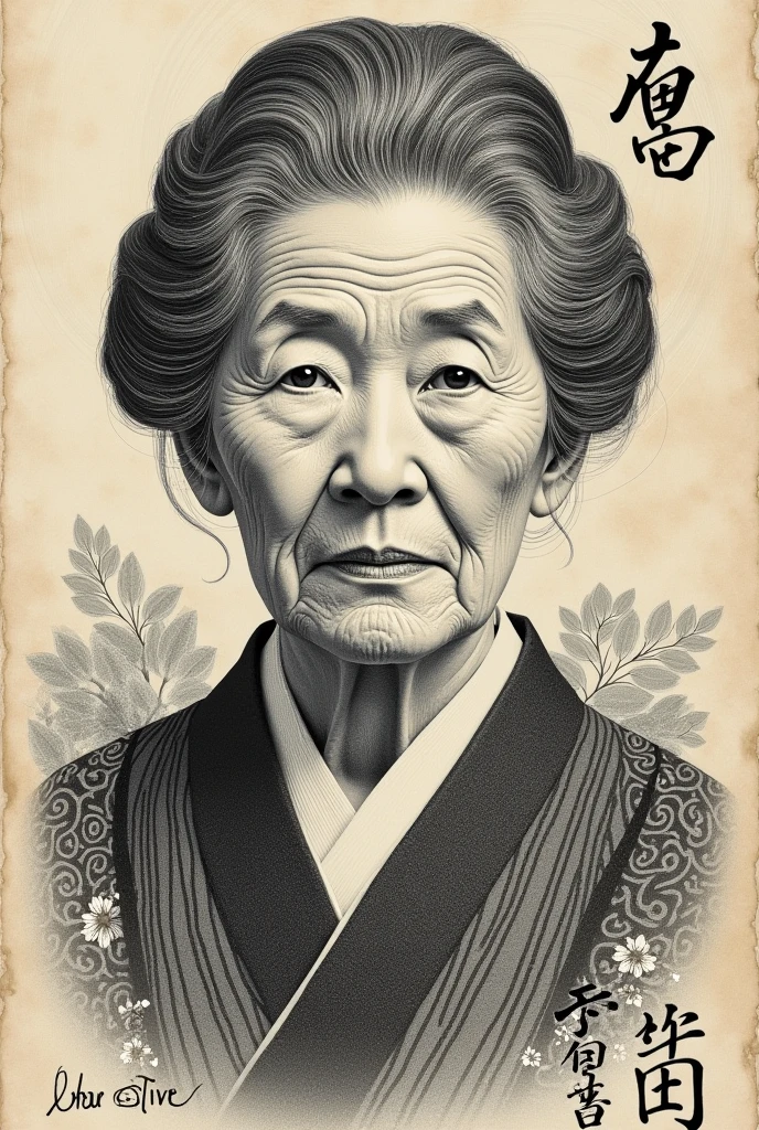 Portrait of a person on a paper currency, a dignified Japanese woman, monochrome, elderly