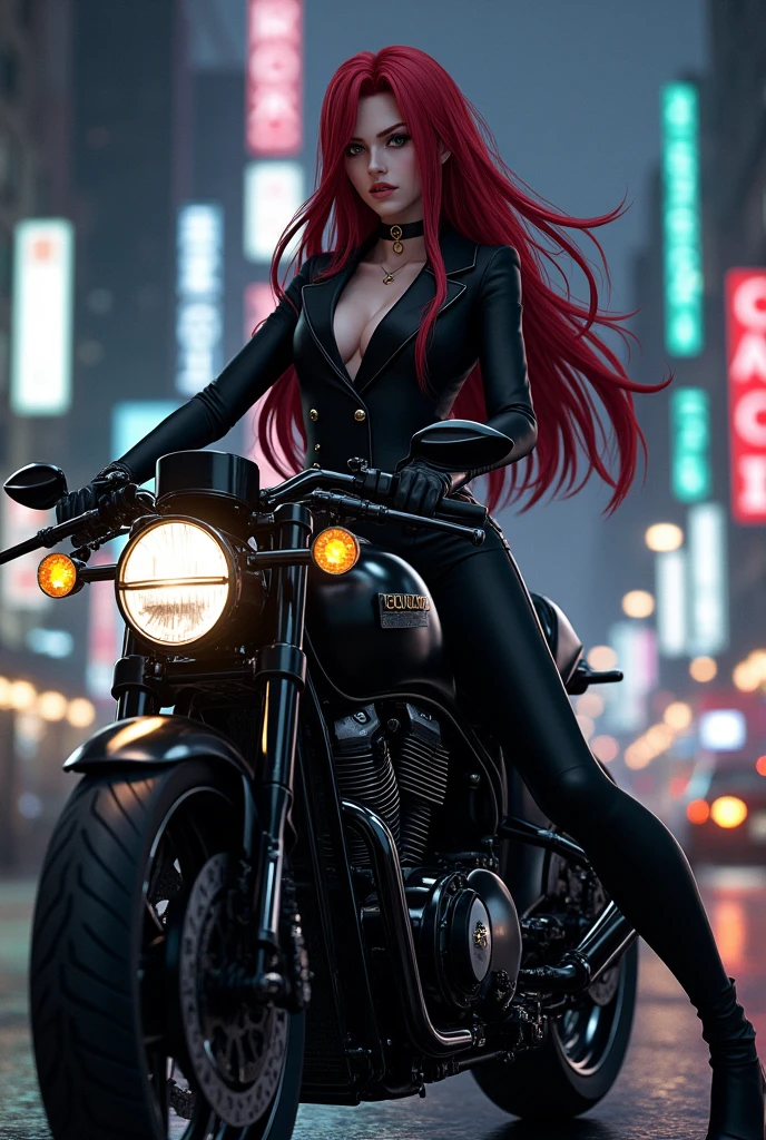 Erza de fairy tail en Gucci noir sur une moto