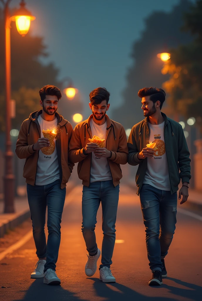 Three friends walking on road having some chips while eating  all are boys mentioned their name on shirt ,fahad ,hussain and umair  in the Early night time and put lamps on sides od road for lights  replce the name