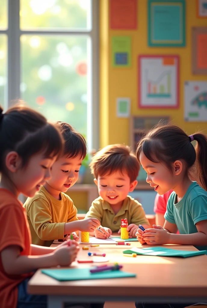 Children playing and learning together in a colorful classroom. some children playing and learning together in a colorful classroom.