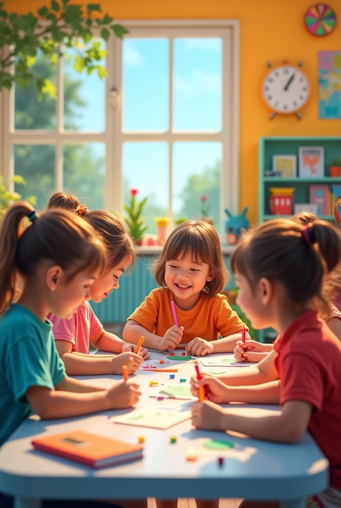 Children playing and learning together in a colorful classroom. some children playing and learning together in a colorful classroom.