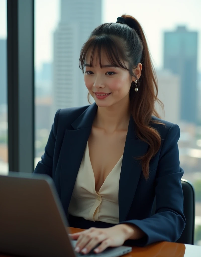 Vietnam women are very sexy, Sensual look, perfectly toned body, View your viewers, Pale skin, blue eyes, With long bangs、Long, flowing brown ponytail, ((Sophisticated, Navy tailored pantsuit with fitted blazer, High waist pants, and、Soft cream silk blouse)), mascara, eye shadow, Beautiful Face, Intricate details, Random standing poses, Ray Light, CEO's Office, Clean and detailed CEO office for background, (masterpiece, 16K, Ultra high definition, Absurd, A seductive smile, Highest quality, Accurate, RAW Photos, Textured skin), Wide-angle, (Professional photo by Toru Muranishi: 1.5)
(masterpiece, Highest quality), One person, Short black hair, 2, Sitting at a desk, Working with a laptop, Professional attire, Focused Expression, Indoor office environment, Concentrated expression, Indoor office environment, has a luxurious desk, behind which there is a glass panel that overlooks the splendid high-rise buildings in America, Image size 9: 16