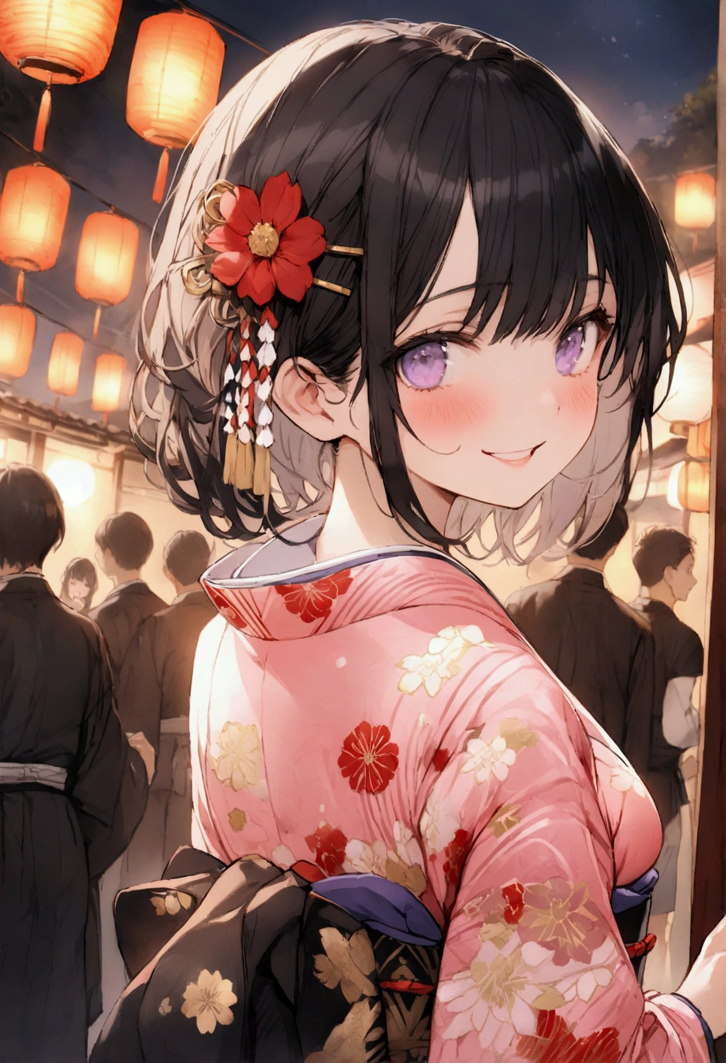 Flat Design,(masterpiece:1.2)、Written boundary depth、photograph、(Back Blur)、distance、high quality、High resolution、Very detailed、((Very young))、 Japanese、(cute)、Light purple eyes、Black Hair,Pink kimono、(Semi-short hair)、straight、Laughing with your mouth open、Red flower hairpin、firework、Mountain、turn around、night、Japanese Festivals