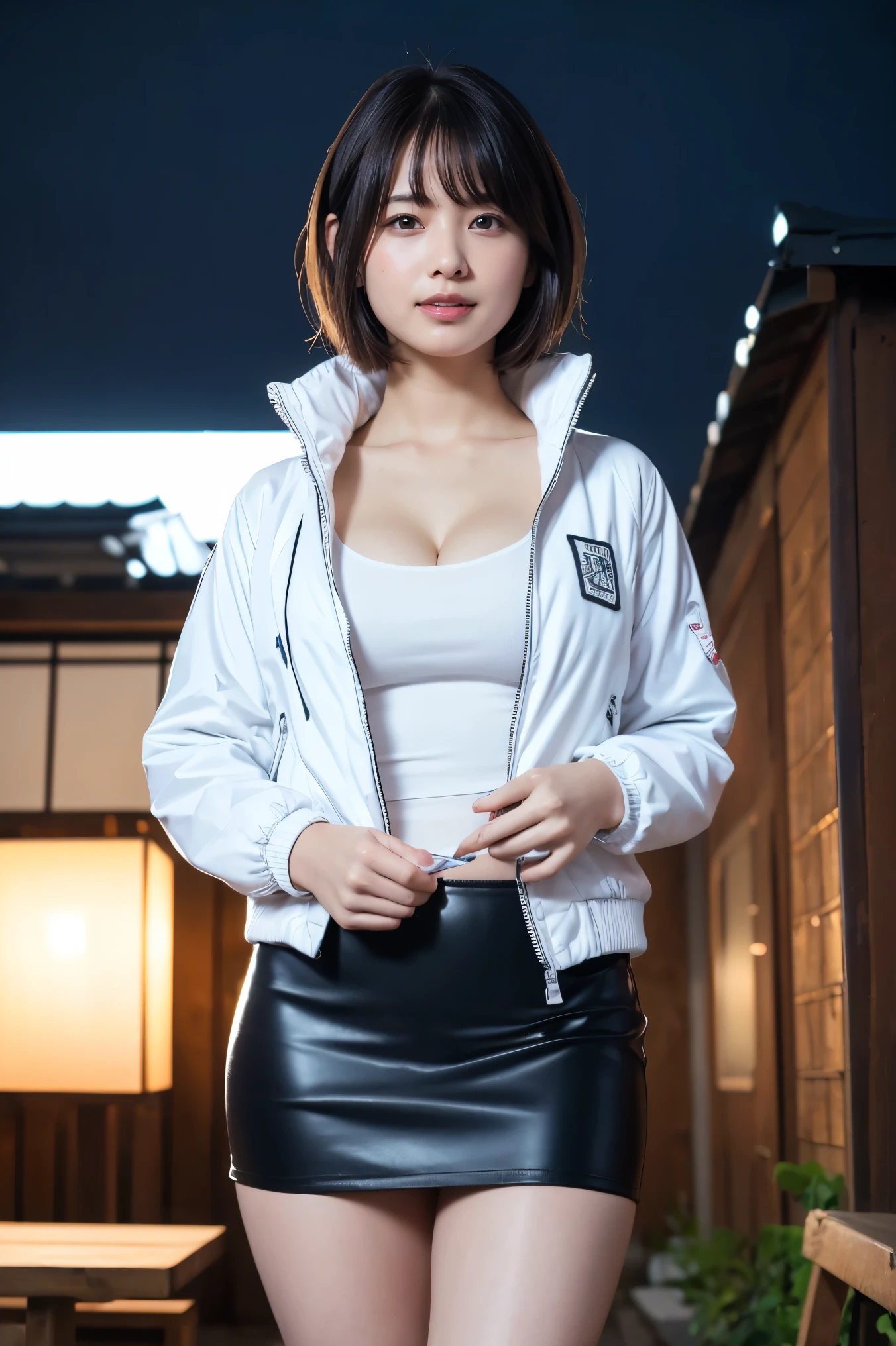 Tabletop, Highest quality, Ultra-high resolution,(Realistic:1.4) (Written boundary depth),(Lens Glow) ,1, white Jacket、White half-nasi:1.4, People in the background、night city, Japanese people women:1.3、short hair, A shy smile、mouth half open、Overchange、Tight black leather Skirt:1.5、Sexy thighs:1.5、Healthy body shape、Beautiful bare legs、Rough skin、Full Body Shot、Cleavage、、Fair skin、Multiple moles、Sensational panties:1.5、blush:1.5、Shooting from below、little fat, short height