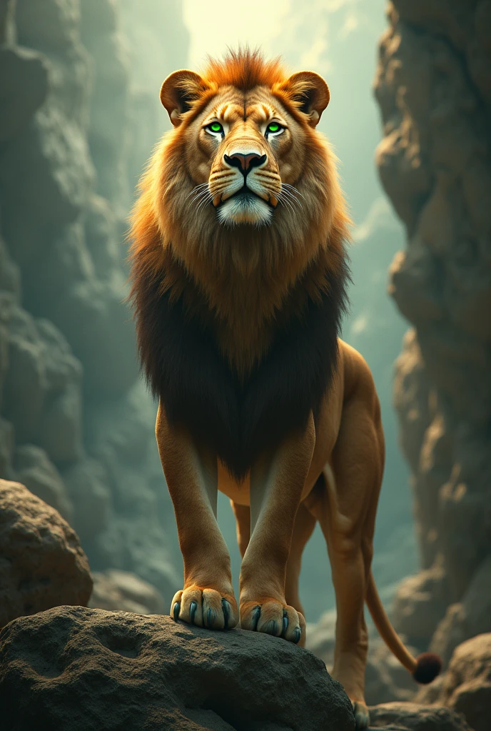 A strong and beautiful lioness with emerald green eyes and a light above her head amidst the rocks ultra realistic 8k full hd 