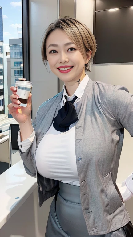 In 8K、Ultra-high resolution、Highest quality、Masseter region、Realistic、Ultra-high resolution、(Huge 、Quite large breasts、Toned body:1.3)(Always an office lady、Wet white shirt、must wear a gray tight skirt and jacket、Office in a high rise building:1.3)(Dark blonde hair and extremely short hair、Japanese women、very cute、Cute Smile:1.28)Black Pin Heels