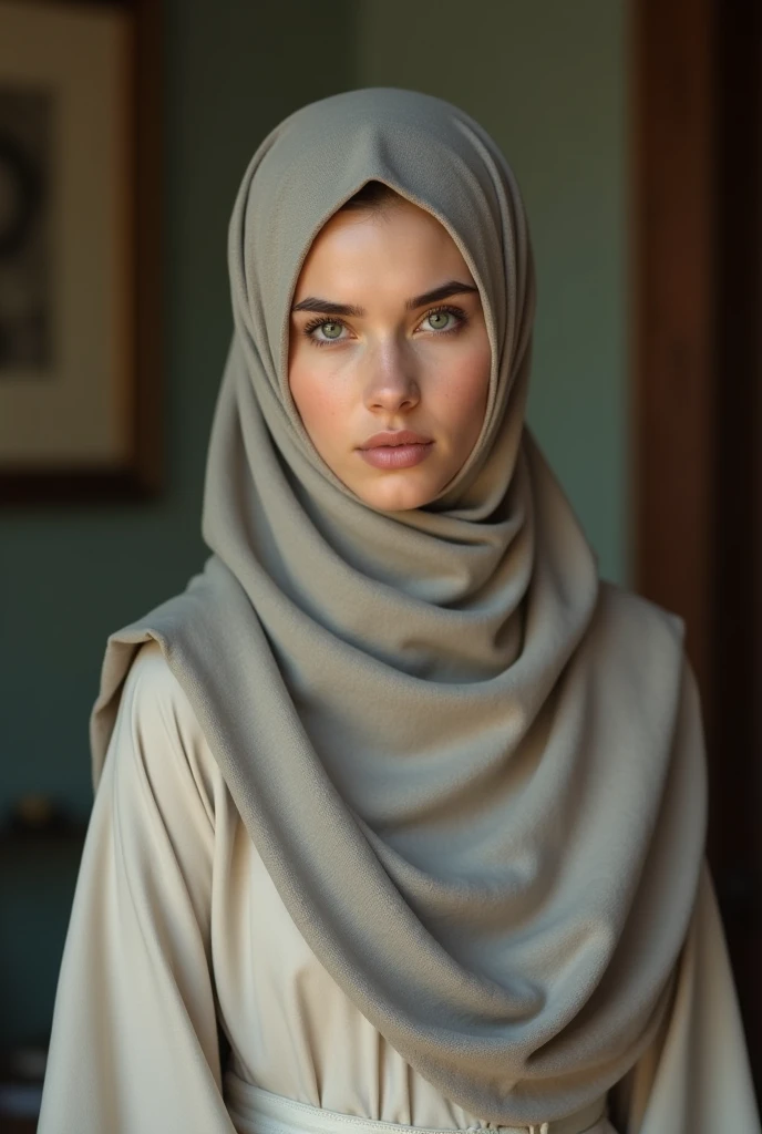 Taking a picture of someone, A girl from , 1.45 meters tall, gentle face with European features, plain face, wearing a hijab, Very beautiful, wearing a long-sleeved robe 