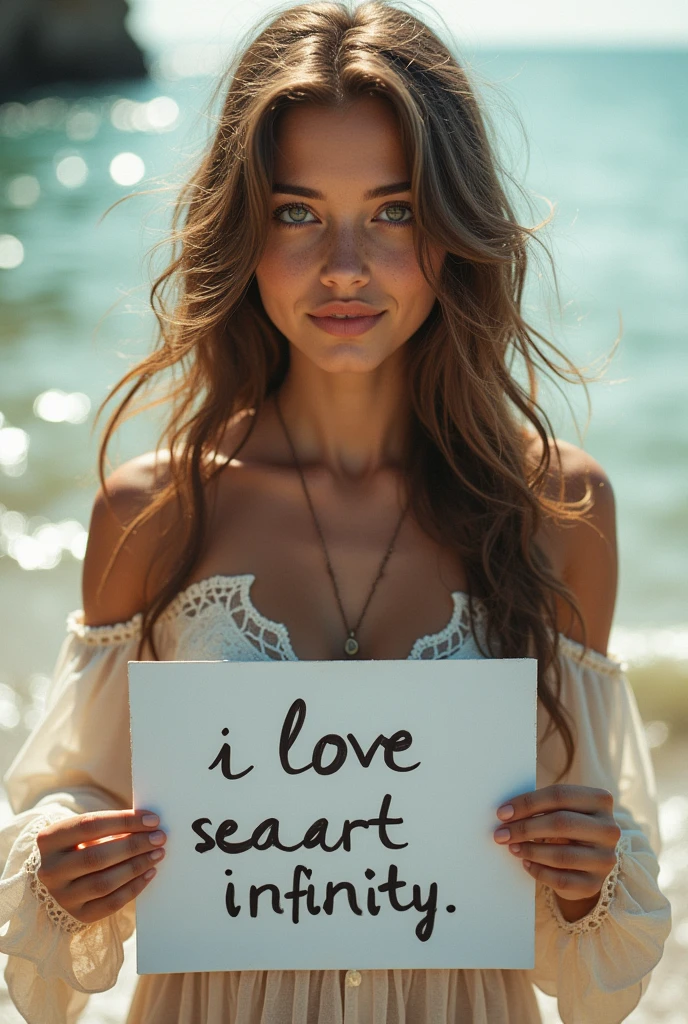 Beautiful girl with wavy long hair, bohemian dress, holding a white board with text "I Love Seaart Infinity" and showing it to the viewer