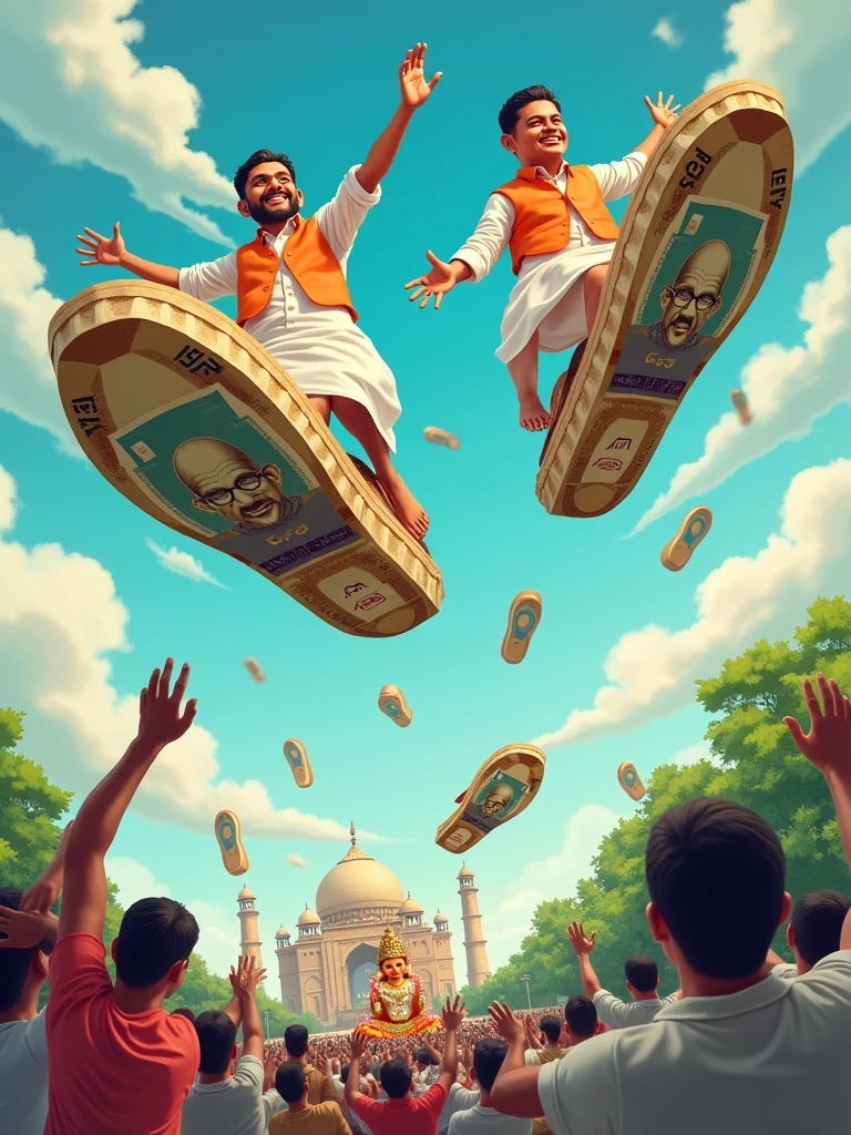 Create a comical image of TMC politicians flying over Kolkata on giant chappals (sandals) made of real Indian currency notes including gandhi ji photo in it. Below them, the citizens are throwing back their own chappals, trying to bring them down. The backdrop features Kolkata’s skyline, complete with the Victoria Memorial and a Durga idol holding a ‘Vote for TMC’ placard instead of traditional weapons.