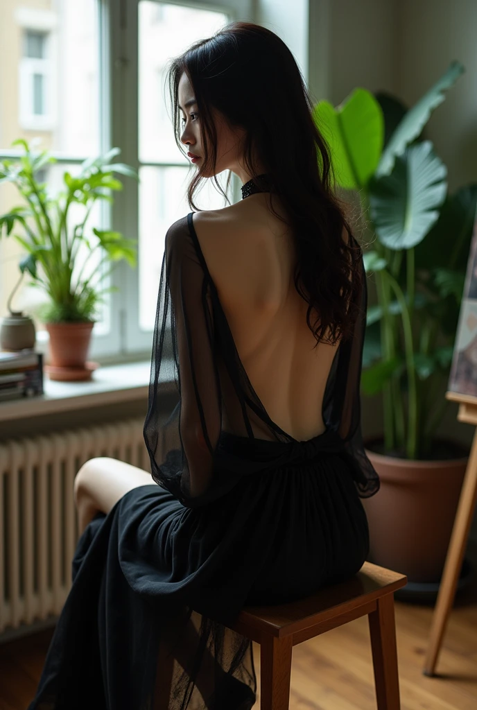 Realistic photograph of slim Young woman, thin pale skin and dark hair,  nude with big breasts. She is sitting on a wooden chair with her back to the camera, wearing black high-heeled shoes, a flowing black skirt and a flowing and transparent gothic black shirt. Her ass can be seen through the skirt. She is in a modern painting room. clear with a pot of tropical plant, the light enters through a side window playing with the transparencies of the clothes. realistic photography