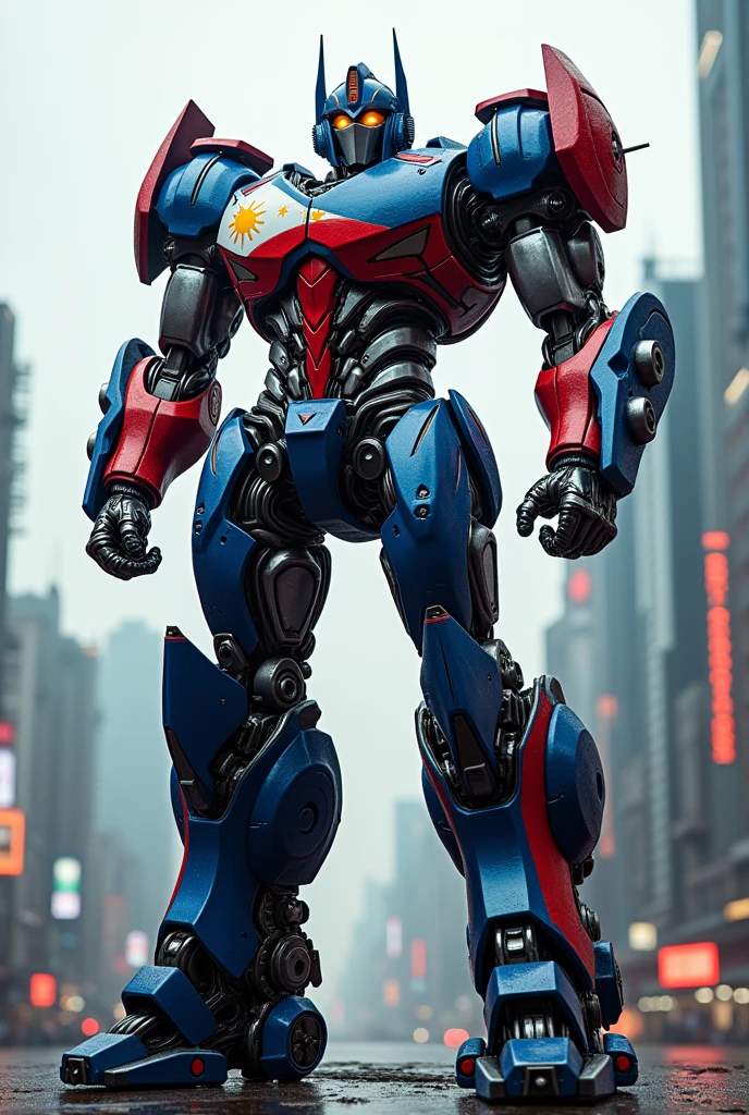 Philippine country as an pacific rim robot powered with nuclear engine with a body of a bodybuilder and equiped with missiles and power electric sword in just like in transformers 