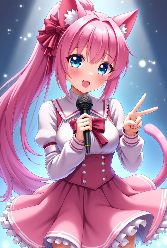 magic girl and a famous idol with long pink hair in a ponytail and cat ear and tail, blue eyes, holding a microphone, waring a skirt