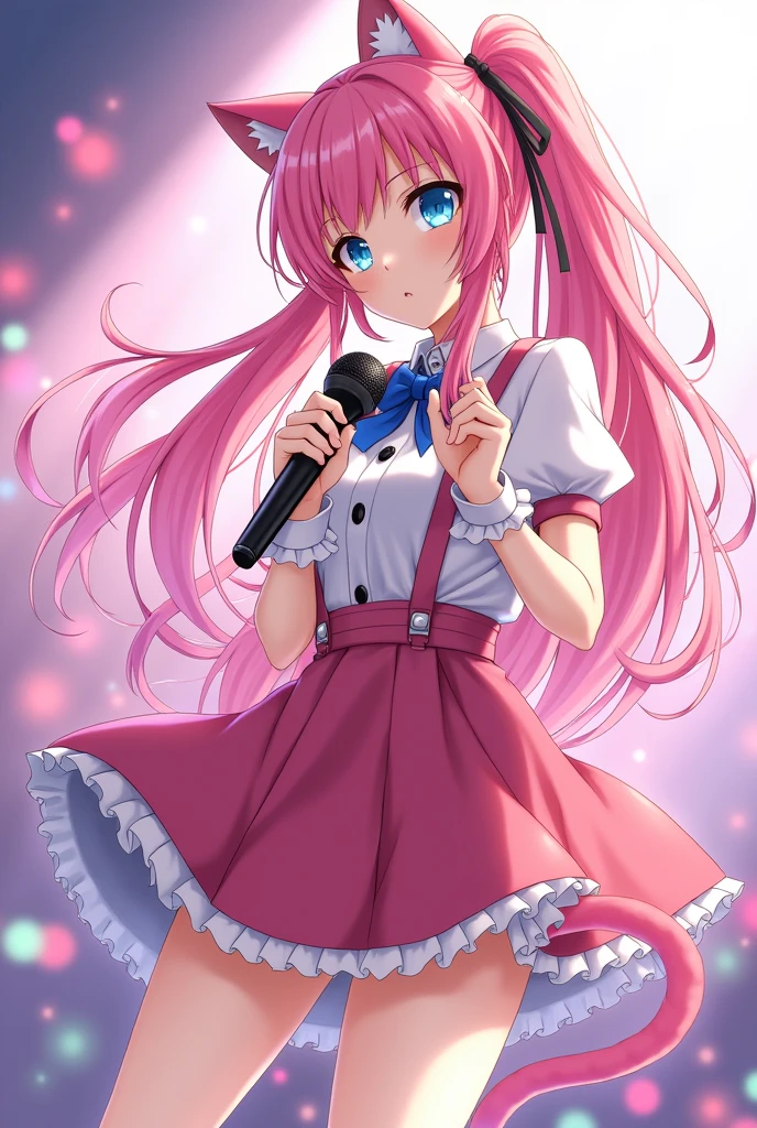 magic girl and a famous idol with long pink hair in a ponytail and cat ear and tail, blue eyes, holding a microphone, waring a skirt
