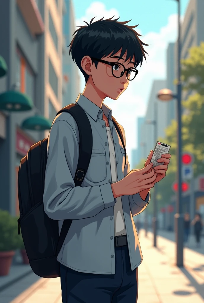Make an image about a age korean boy that is wearing a school uniform and is holding an id that he found and hes wearing glasses and hes walking sideways