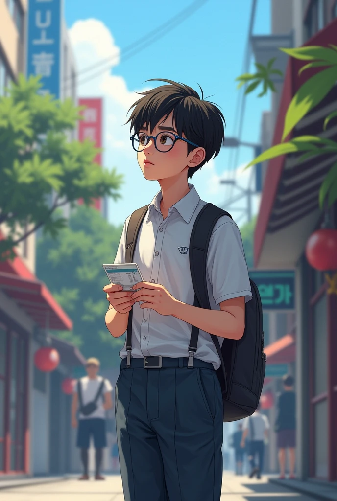 Make an image about a teenage korean boy that is wearing a school uniform and is holding an id that he found and hes wearing glasses and hes walking sideways
