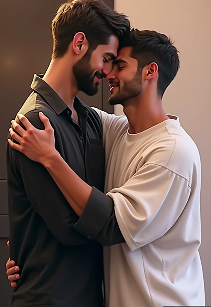 realistic image of the guy on the right with his hand around the guy on the left, both of them being lovey dovey