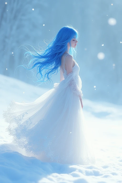 Blue Hair、woman、White Dress、Snow Scene、mysterious、anime