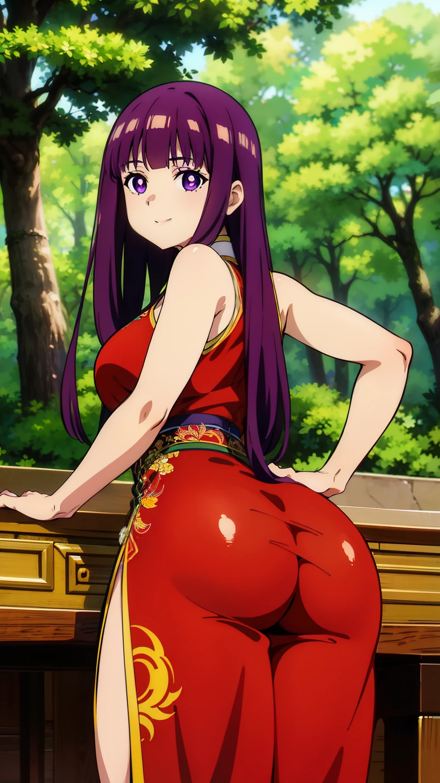 freirenfern, fern, purple hair, long hair, purple eyes, blunt bangs, goddess of beauty, ((perfect anatomy)), image from behind, bright pupils, (thick ass, one girl), bending over a table, flaunting breedable pucy, smiling, (masterpiece, highest quality, high resolution, 8K:1.2), (anime), super resolution, highly detailed and beautiful, highly detailed beautiful girl, highly detailed face, highly detailed eyes, perfect anatomy, cowboy shot, highly detailed cg unity 8k, (chinese cheongsam, forest),