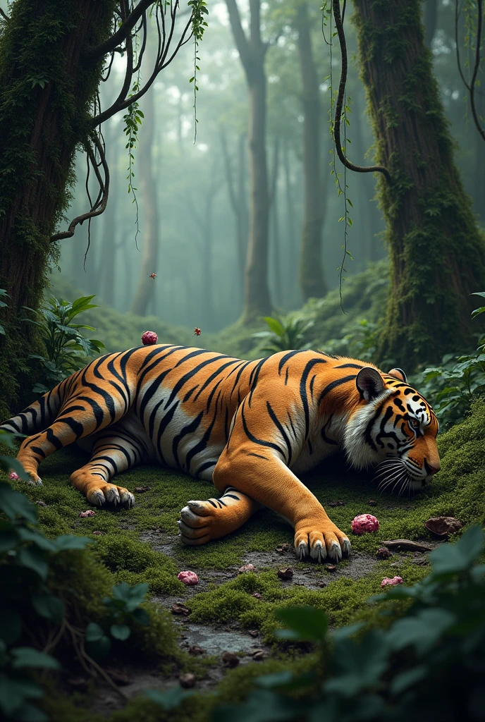 In a jungle there is a body of dead and decayed tiger whose body is eaten by small bacteria and fungus
