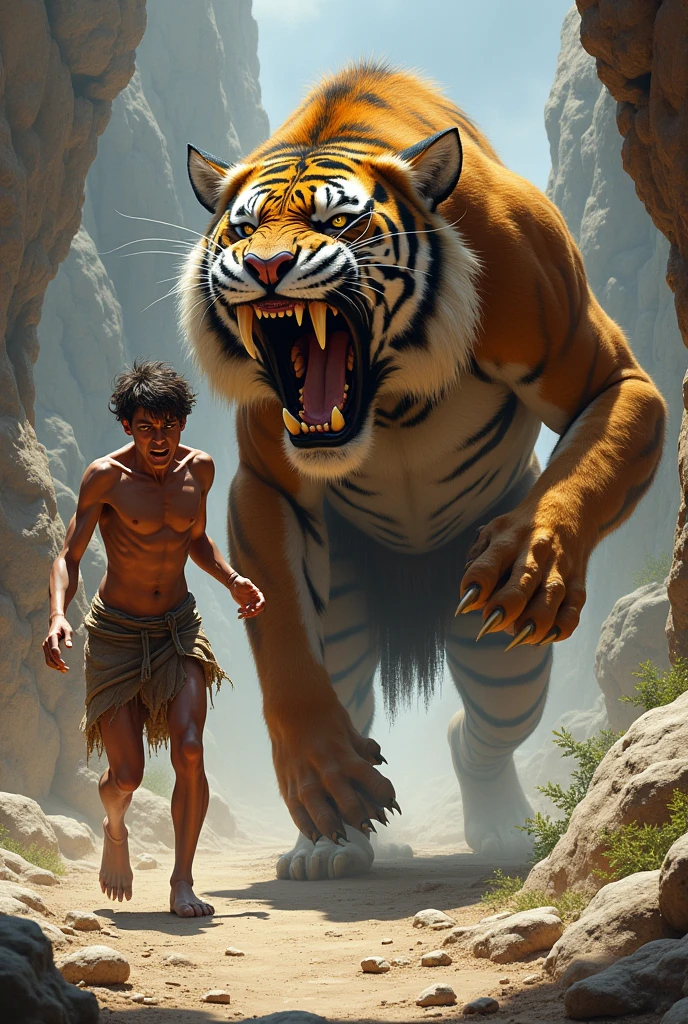 Sabertooth preying on a skinny, weak caveman, with a scared look, no chance of defense