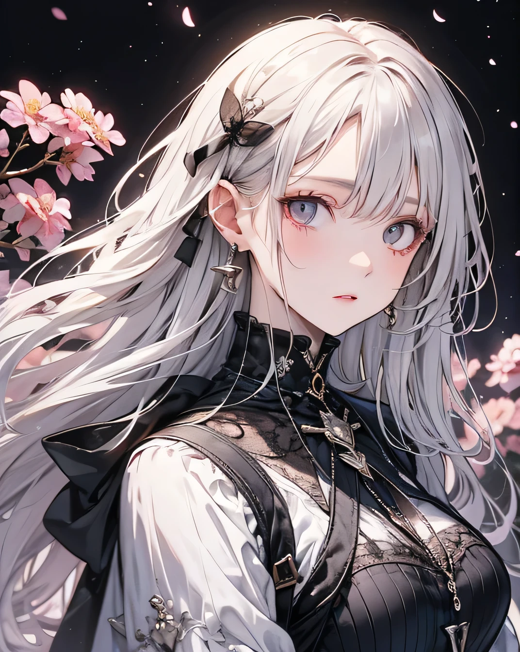 High resolution, 4K, Masterpiece, Best night, full moon, One beautiful woman, Mature Woman, Cold Face, Expressionless, silvery white, Long Hair, Pale pink lips, calm, intellectual, Three Belts, Grey Eyes, assassin, Flowers,