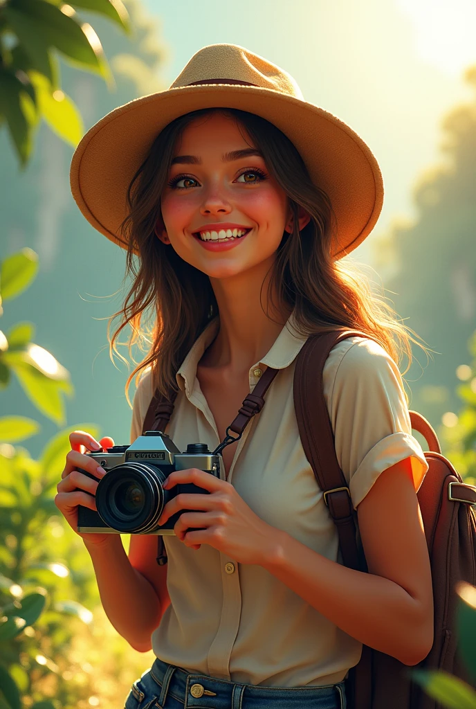 Make travel yellow realistic full girl with hat and smile face with camera