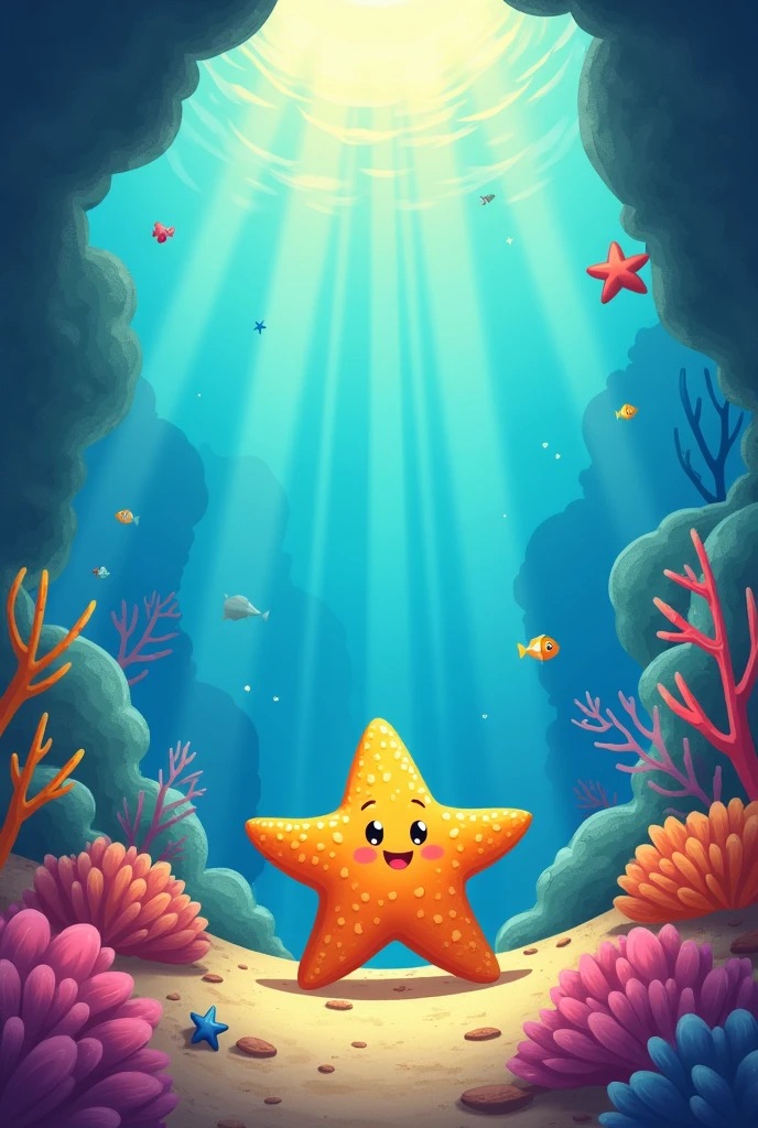 Title: The Brave Little Starfish
Cover Page:
A vibrant underwater scene with a small, smiling starfish at the center, surrounded by colorful coral, fish, and a warm sunlight beam filtering through the ocean.
Page 1: Introduction
"Deep beneath the sparkling waves of the sea lived a tiny starfish named Sandy. Sandy wasn’t like the other starfish. While most liked to stay still on rocks, Sandy dreamed of adventures!"
Illustration: A cheerful starfish looking up at the vast blue ocean, imagining faraway places.
Visual Appeal:
Bright, bold illustrations with soft edges to create a friendly underwater world.
Expressive sea creatures to engage the emotions of the young reader.
A warm and optimistic color palette to keep the tone playful and inviting.
Do the page 1