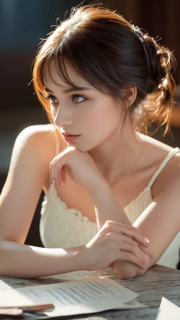 On the table, Highest quality, figure, Very detailed, The finer details, High resolution, 8k wallpaper, Perfect dynamic composition, Beautiful and delicate eyes, Women's fashion,Very short hair,Natural color lipstick for small breasts, Bold gesture,smile,Harajuku、20-year-old girl、cute、Looking into the camera lens