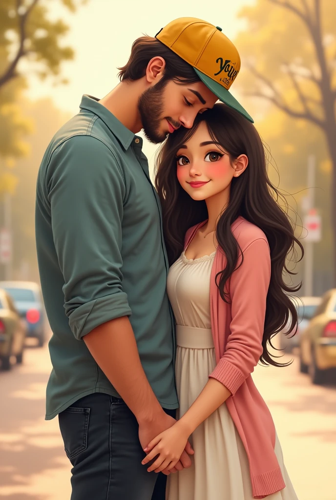 A guy wearing a rusty blue shirt and a yellow cap that has YOURS written in black infront of it and is wearing a black jeans whose left hand is held by a cute and chubby girl who is wearing a light pink and white colored long dress that has a elbow length light pink colored coatie and her hair is open and comes about lower than her shoulders and she is resting her head over the guys shoulder and facing us at the front and both are happy and in Love with each other both are facing front screen and with a smile girls eyes are also facing front and the guy is just an inch taller than the girl