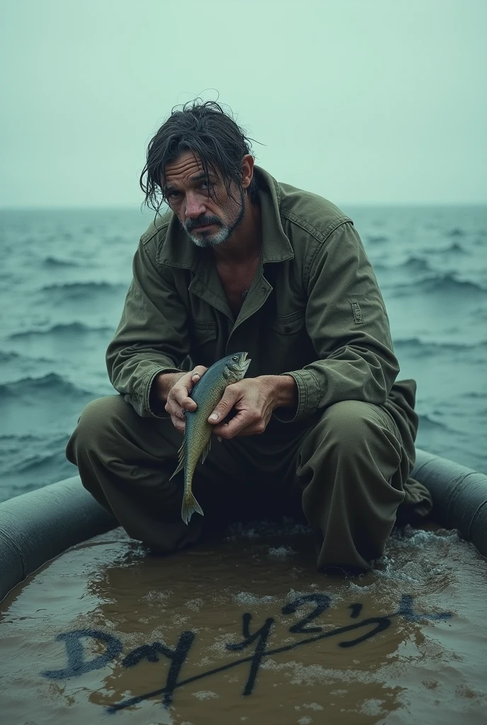 This image likely represents a scene of survival, perhaps someone stranded at sea for a long time. The "DAY # 431" suggests that this person has been in this situation for 431 days, emphasizing the struggle and endurance. The fish in his hands might signify a rare success in finding food after a long period, contributing to the narrative of survival.