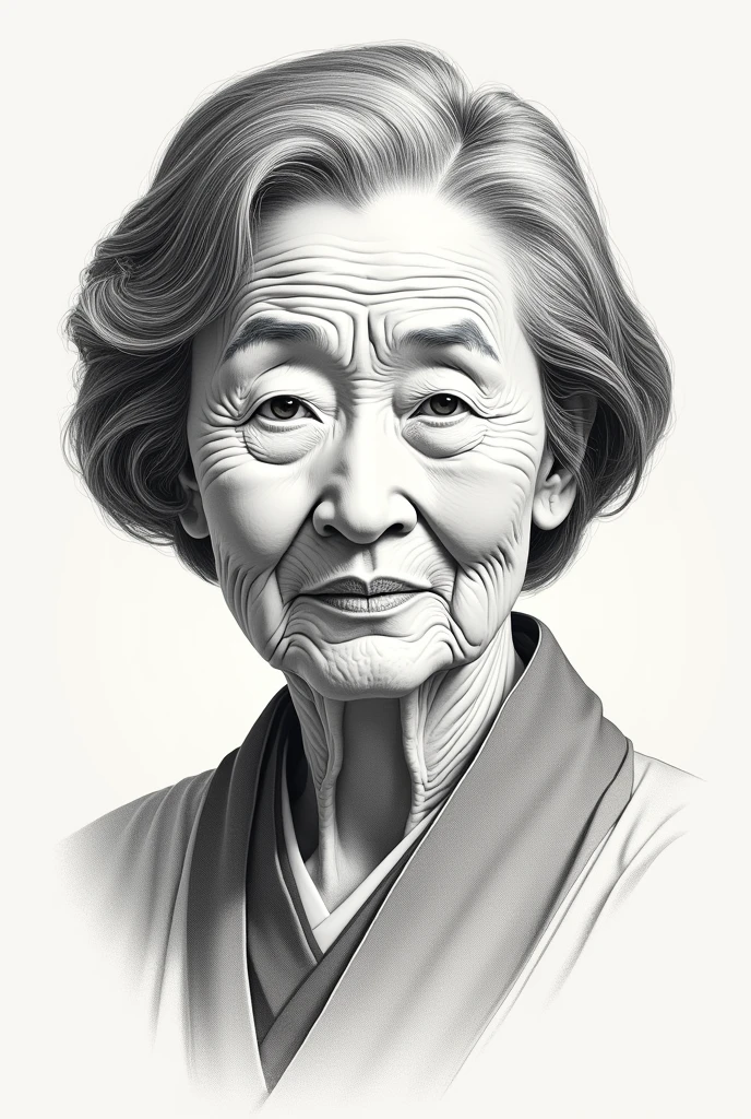 Portrait of a person on a paper currency. Dignified Japanese woman. Black and white. Elderly. Short hair.