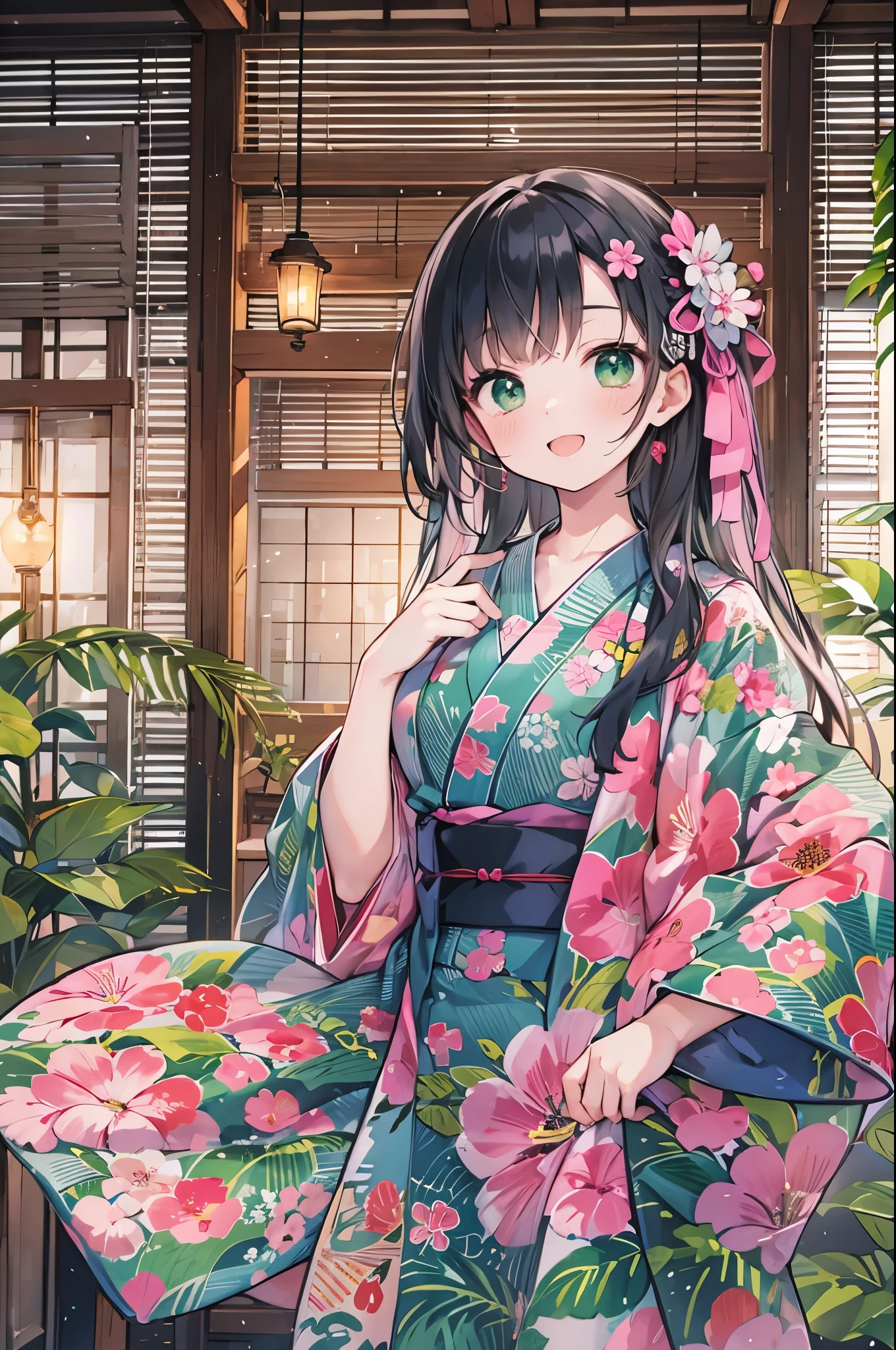 ((Highest quality, 8k, masterpiece: 1.3)), whole body,1 personの,1 person,,Glamorous Body,cute,smile,Black Hair,Beautiful emerald green eyes,long hair,get up,((A yukata with ankle-length hem,Half-dressed,Bright pink fabric with morning glory pattern)),night,In the room,